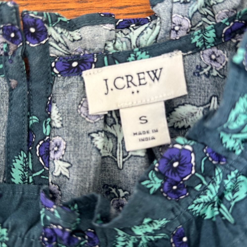 J. Crew Long-Sleeve Ruffleneck Poplin Blouse Teal & Purple Floral Print W Small - Picture 4 of 10